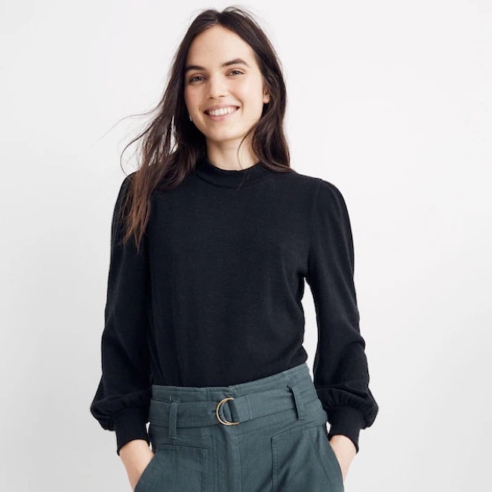 Madewell Puff Sleeve Mockneck Top Medium Black